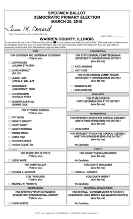 Specimen Ballot Democratic Primary Election March 20, 2018 Warren County, Illinois