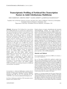 Transcriptomic Profiling of Forkhead Box Transcription Factors in Adult