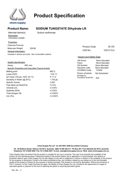 SODIUM TUNGSTATE Dihydrate LR Alternate Name(S) Sodium Wolframate Description Colourless Crystals