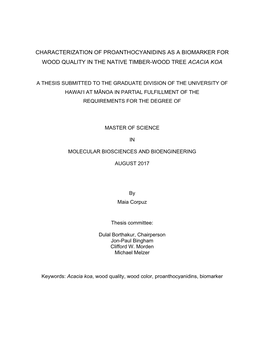 Characterization of Proanthocyanidins As a Biomarker for Wood Quality in the Native Timber-Wood Tree Acacia Koa