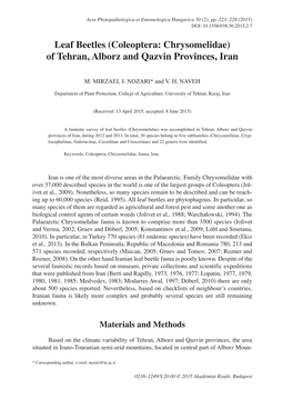 Leaf Beetles (Coleoptera: Chrysomelidae) of Tehran, Alborz and Qazvin Provinces, Iran
