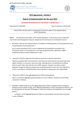 IOTC Agreement – Article X Report of Implementation for the Year 2015