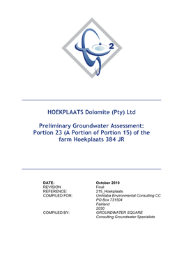 HOEKPLAATS Dolomite (Pty) Ltd Preliminary Groundwater Assessment