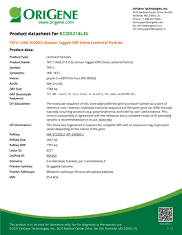 TKTL1 (NM 012253) Human Tagged ORF Clone Lentiviral Particle Product Data