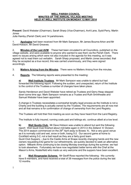 Well Parish Council Minutes of the Annual Village Meeting Held at Well Institute on Monday 12 May 2014