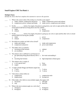 Small Engines CDE Test Bank A