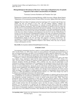 Histopathological Alterations in the Liver and Lungs of Hoplobatrachus Occipitalis Exposed to Sub Lethal Concentrations of Cadmium