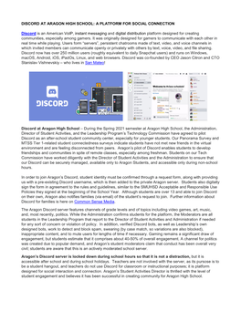 DISCORD at ARAGON HIGH SCHOOL: a PLATFORM for SOCIAL CONNECTION Discord Is an American Voip, Instant Messaging and Digital Distr