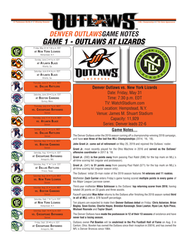 GAME 1 - OUTLAWS at LIZARDS Friday, May 31 • 7:30 P.M