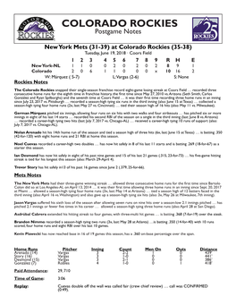 COLORADO ROCKIES Postgame Notes