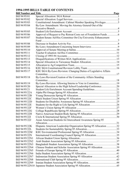 1994-1995 BILLS TABLE of CONTENTS Bill Number and Title Page Bill 94/95/01 Special Allocation: SGA Retreat