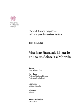 Vitaliano Brancati: Itinerario Critico Tra Sciascia E Moravia