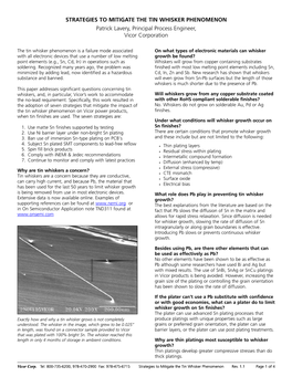 STRATEGIES to MITIGATE the TIN WHISKER PHENOMENON Patrick Lavery, Principal Process Engineer, Vicor Corporation