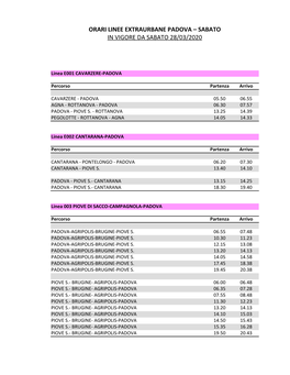 Orari Linee Extraurbane Padova – Sabato in Vigore Da Sabato 28/03/2020
