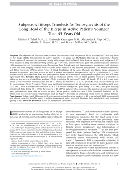 Subpectoral Biceps Tenodesis for Tenosynovitis of the Long Head of the Biceps in Active Patients Younger Than 45&Nbsp