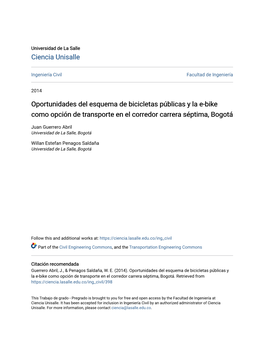 Oportunidades Del Esquema De Bicicletas Públicas Y La E-Bike Como Opción De Transporte En El Corredor Carrera Séptima, Bogotá