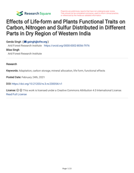 Effects of Life-Form and Plants Functional Traits on Carbon, Nitrogen and Sulfur Distributed in Different Parts in Dry Region of Western India