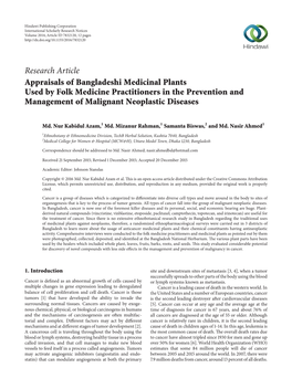 Appraisals of Bangladeshi Medicinal Plants Used by Folk Medicine Practitioners in the Prevention and Management of Malignant Neoplastic Diseases