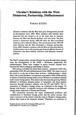 Ukraine's Relations with the West: Disinterest, Partnership, Disillusionment