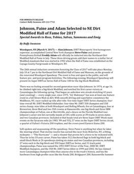 Johnson, Paine and Adam Selected to NE Dirt Modified Hall of Fame for 2017 Special Awards to Ross, Tobias, Salvas, Sammons and Emig