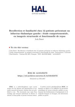 Recollection Et Familiarité Chez 12 Patients Présentant Un Infarctus