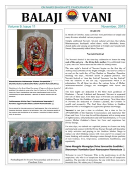 OM NAMO BHAGAVATE PANDURANGAYA BALAJI VANI Volume 9, Issue 11 November, 2015