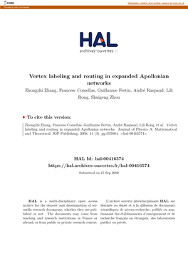 Vertex Labeling and Routing in Expanded Apollonian Networks Zhongzhi Zhang, Francesc Comellas, Guillaume Fertin, Andr´Eraspaud, Lili Rong, Shuigeng Zhou