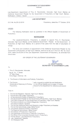 GOVERNMENT of PUDUCHERRY LAW DEPARTMENT NOTIFICATION (J. Julle^PUSHPA) SECRETARY to GOVERNMENT (LAW)