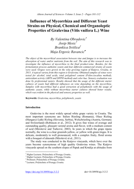 Influence of Mycorrhiza and Different Yeast Strains on Physical, Chemical and Organoleptic Properties of Graševina (Vitis Vnifera L.) Wine