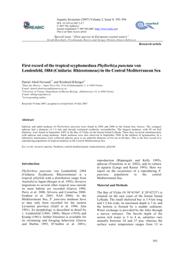 First Record of the Tropical Scyphomedusa Phyllorhiza Punctata Von Lendenfeld, 1884 (Cnidaria: Rhizostomeae) in the Central Mediterranean Sea