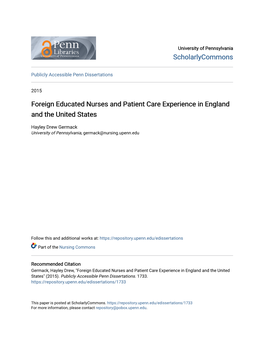 Foreign Educated Nurses and Patient Care Experience in England and the United States