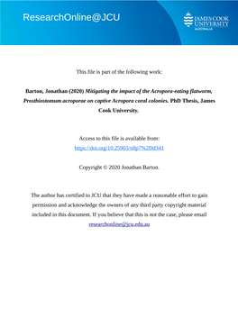 Mitigating the Impact of the Acropora-Eating Flatworm, Prosthiostomum Acroporae on Captive Acropora Coral Colonies