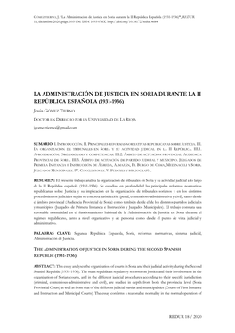 La Administración De Justicia En Soria Durante La II República Española (1931-1936)”, REDUR 18, Diciembre 2020, Págs