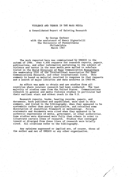 VIOLENCE and TERROR in the MASS MEDIA a Consolidated Report of Existing Research by George Gerbner with the Assistance of Nancy