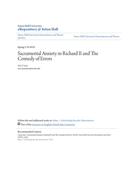 Sacramental Anxiety in Richard II and the Comedy of Errors Aria Casey Aria.Casey@Student.Shu.Edu