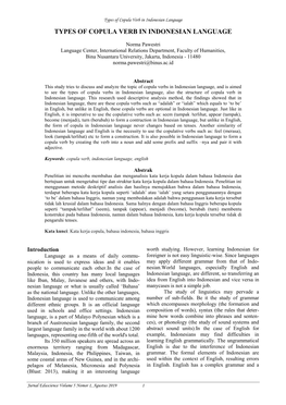 Types of Copula Verb in Indonesian Language TYPES of COPULA VERB in INDONESIAN LANGUAGE