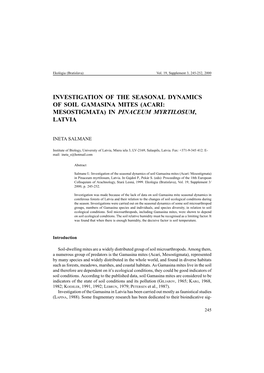Investigation of the Seasonal Dynamics of Soil Gamasina Mites (Acari: Mesostigmata) in Pinaceum Myrtilosum, Latvia