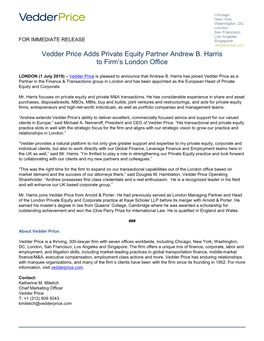 Vedder Price Adds Private Equity Partner Andrew B. Harris to Firm's