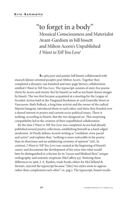 “To Forget in a Body” Mosaical Consciousness and Materialist Avant-Gardism in Bill Bissett and Milton Acorn’S Unpublished I Want to Tell You Love 1