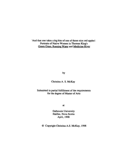 Portraits of Native Women in Thomas King's Green Grass, Running Water and Medicine River for the Degree of Master of Arts Dalhou