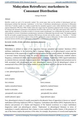 Malayalam Retroflexes: Markedness in Consonant Distribution