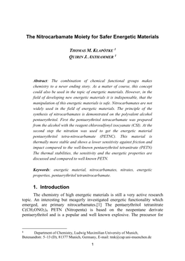 The Nitrocarbamate Moiety for Safer Energetic Materials THOMAS M. KLAPÖTKE