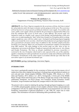 Aspects of the Geology and Hydrogeology Around Awe Town, Nigeria