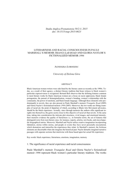Literariness and Racial Consciousness in Paule Marshall's Memoir Triangular Road and Gloria Naylor's Fictionalized Memoir 1996