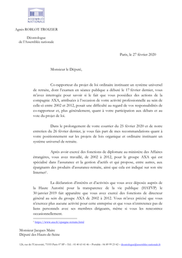 Paris, Le 27 Février 2020 Monsieur Le Député, Co-Rapporteur Du Projet De