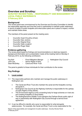 Overview and Scrutiny: SCRUTINY REVIEW PANEL – RESPONSIBILITY and MANAGEMENT of LOCAL PUBLIC WATERWAYS 3 February 2014