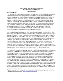 2016: the Year America Noticed Antisemitism Bruce Abramson & Jeff Ballabon* December 2016 Slandering Trump the 2016 Election Was Notable in More Than a Few Ways