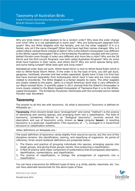 Taxonomy of Australian Birds Frank O’Connor (Community Education Committee) Birdlife Western Australia