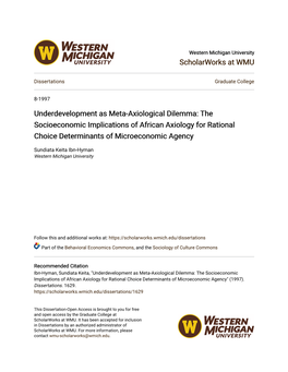 Underdevelopment As Meta-Axiological Dilemma: the Socioeconomic Implications of African Axiology for Rational Choice Determinants of Microeconomic Agency