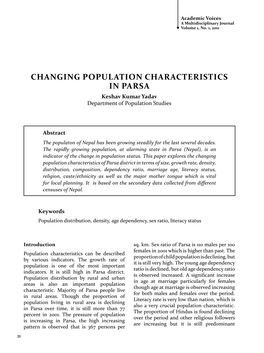 CHANGING POPULATION CHARACTERISTICS in PARSA Keshav Kumar Yadav Department of Population Studies